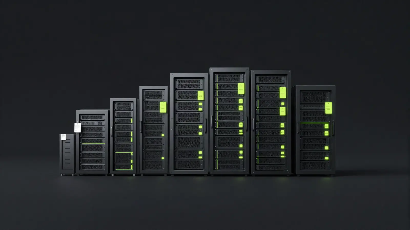 Server racks of different sizes with price tags