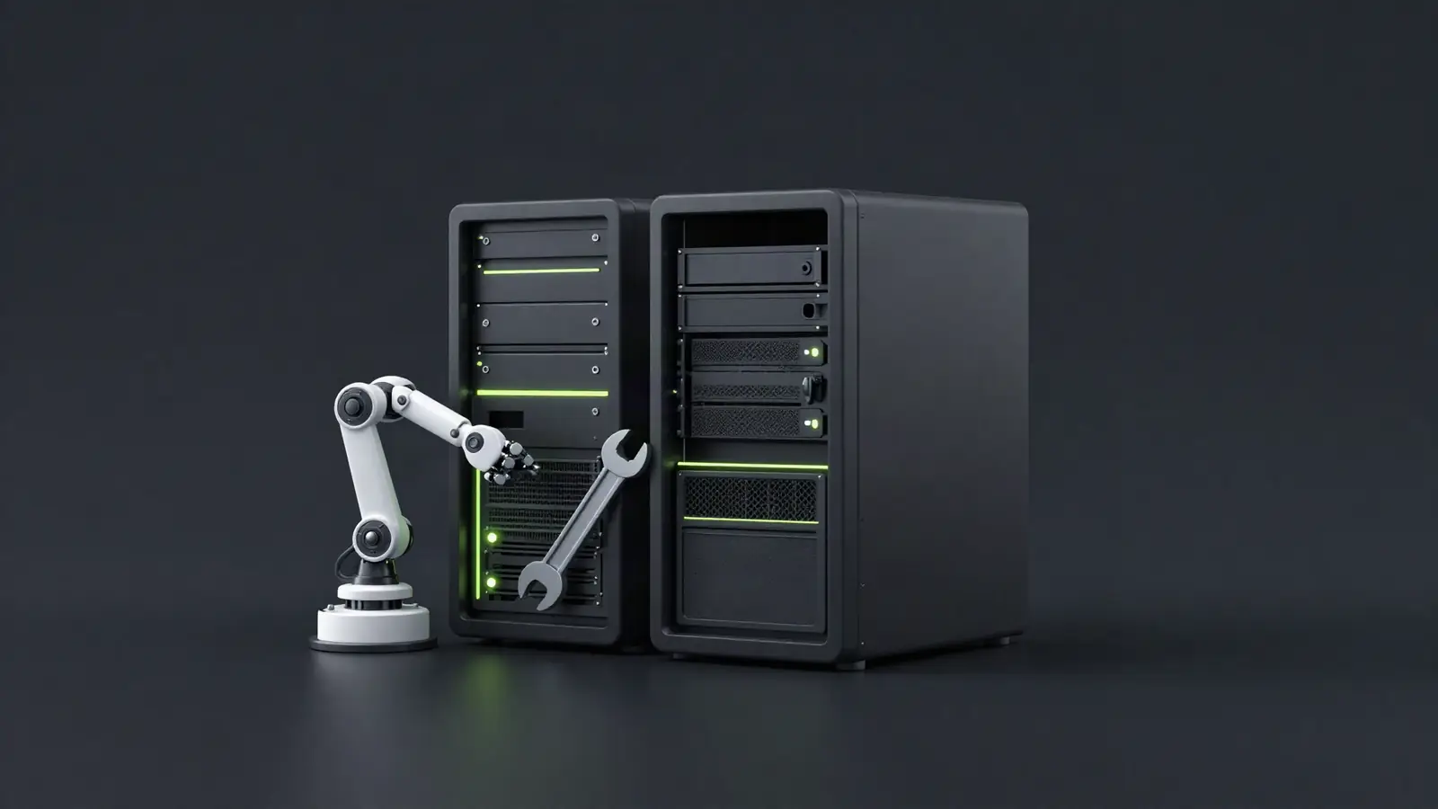Two servers, one tended by a robotic arm and one with a wrench