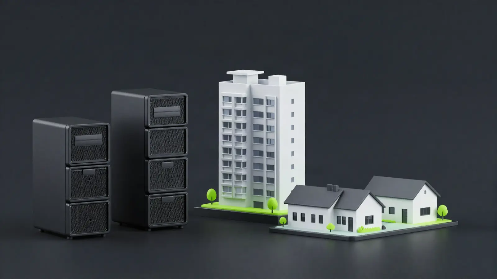 Three server buildings of increasing size, representing hosting types