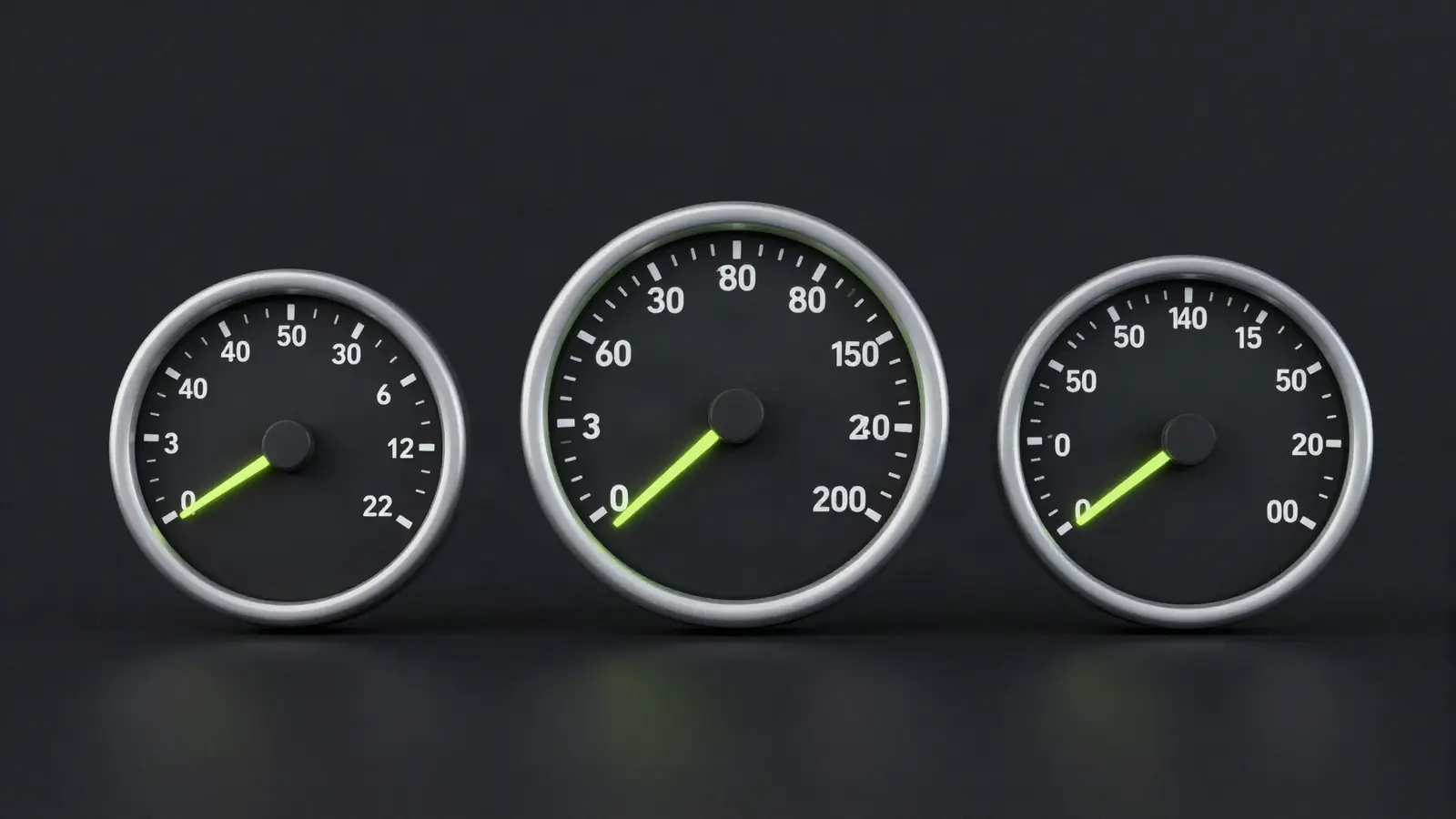 Three speedometer gauges side by side