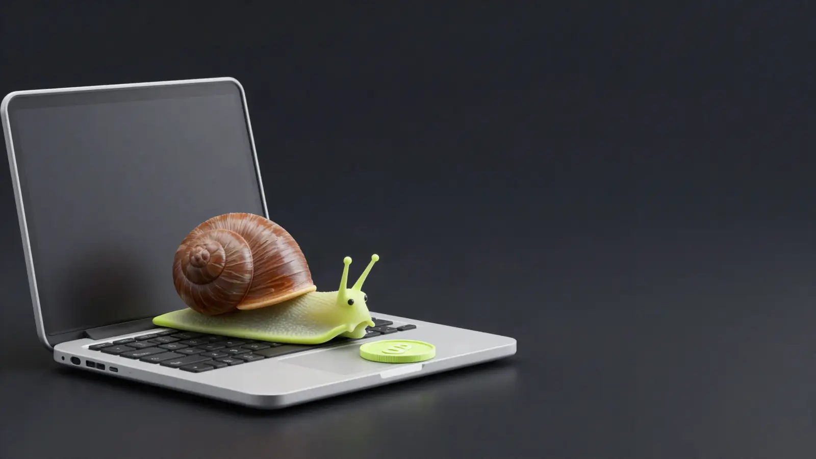 Snail on a laptop keyboard next to a leaking coin purse
