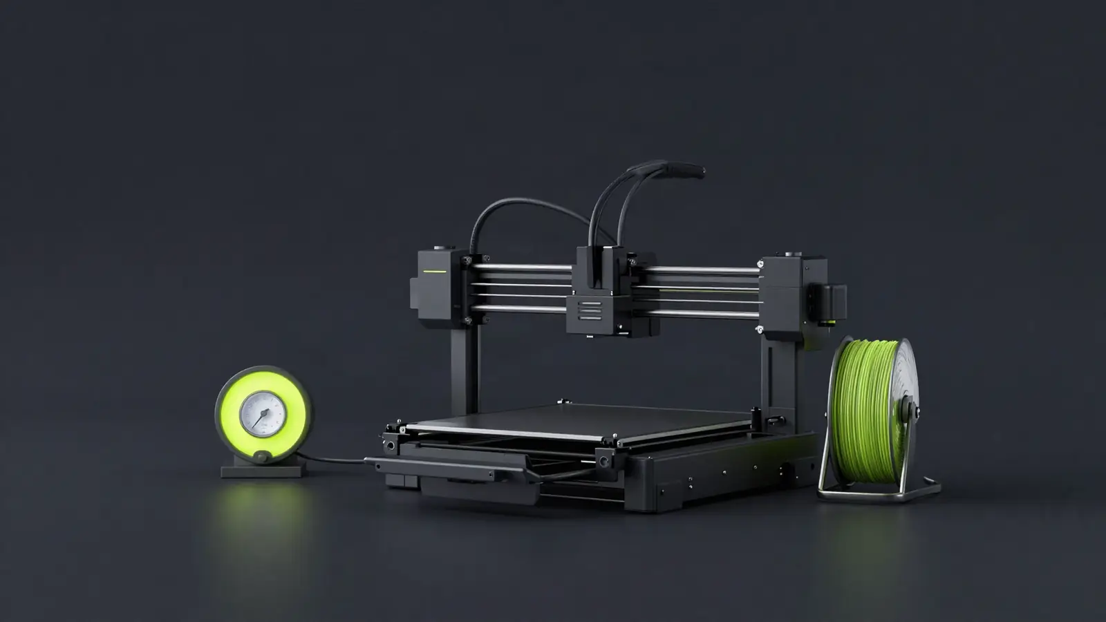 3D printer mid-print next to a filament spool and an electricity meter