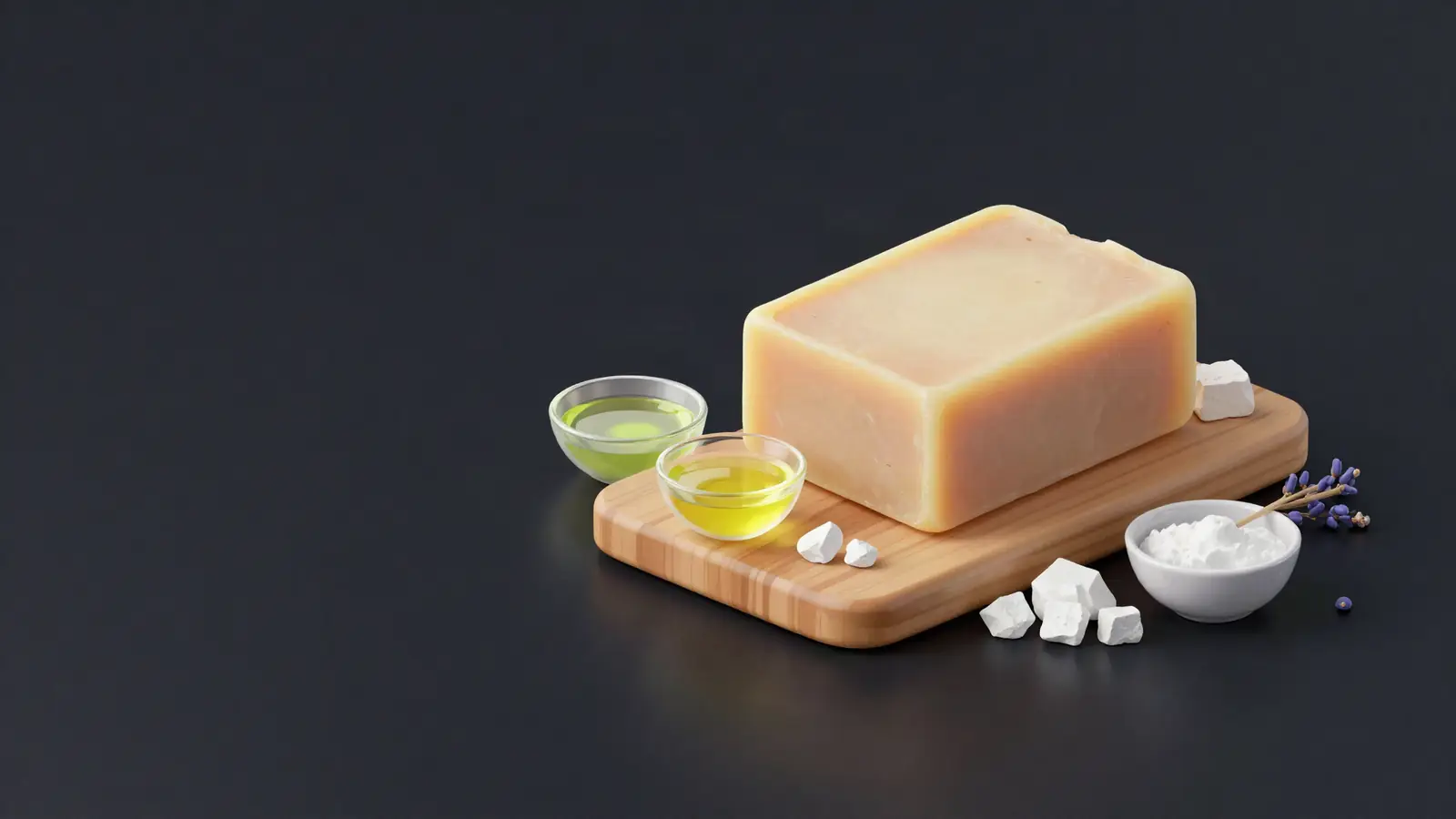 Handmade soap bar surrounded by oils and soap-making ingredients