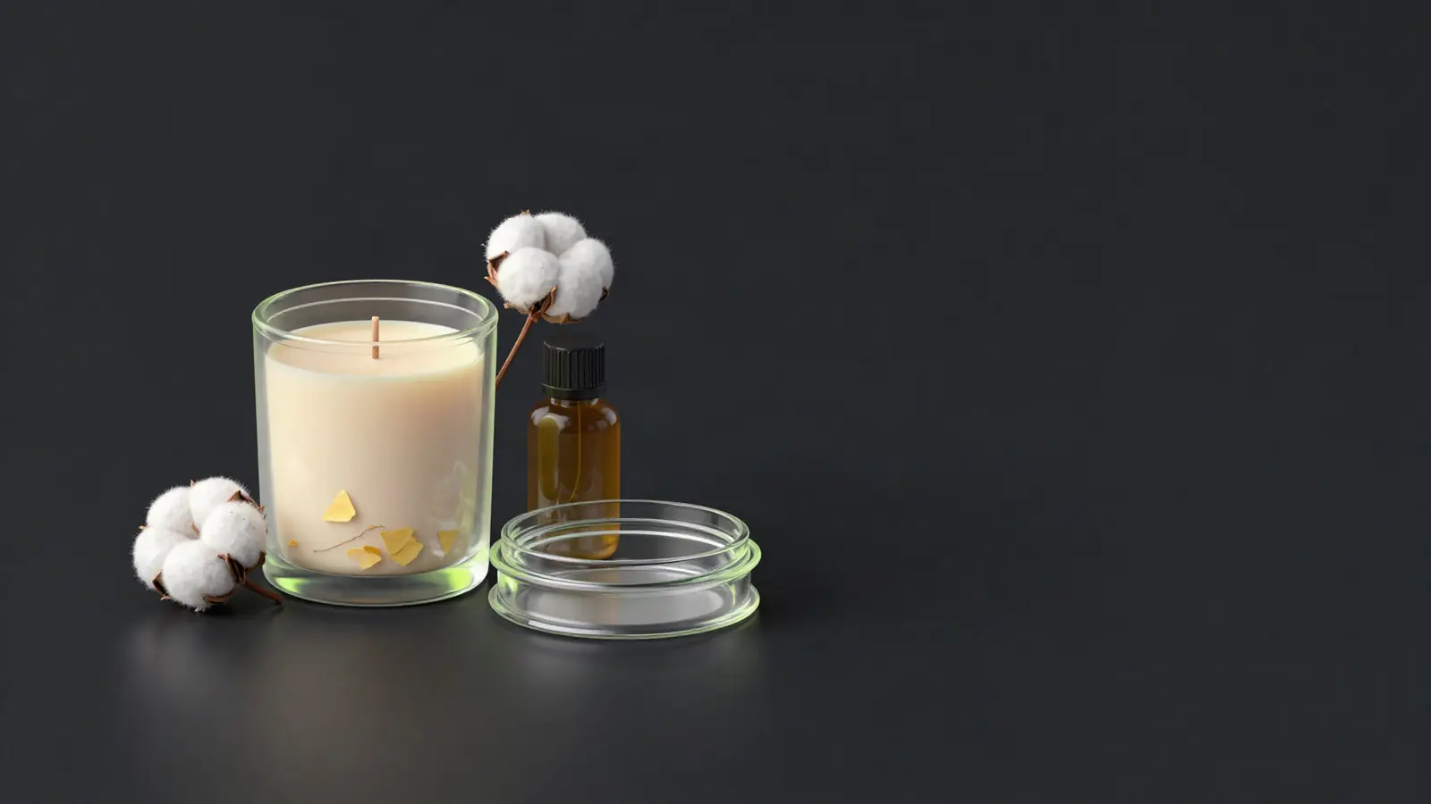 Candle-making supplies: wax flakes, wick, fragrance oil and a glass jar