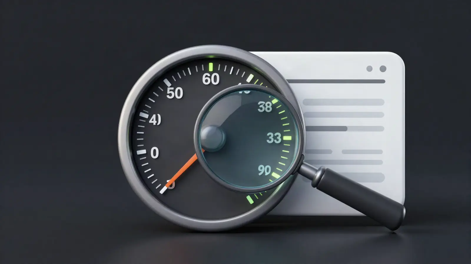 Speedometer gauge in front of a search results page and a magnifying glass