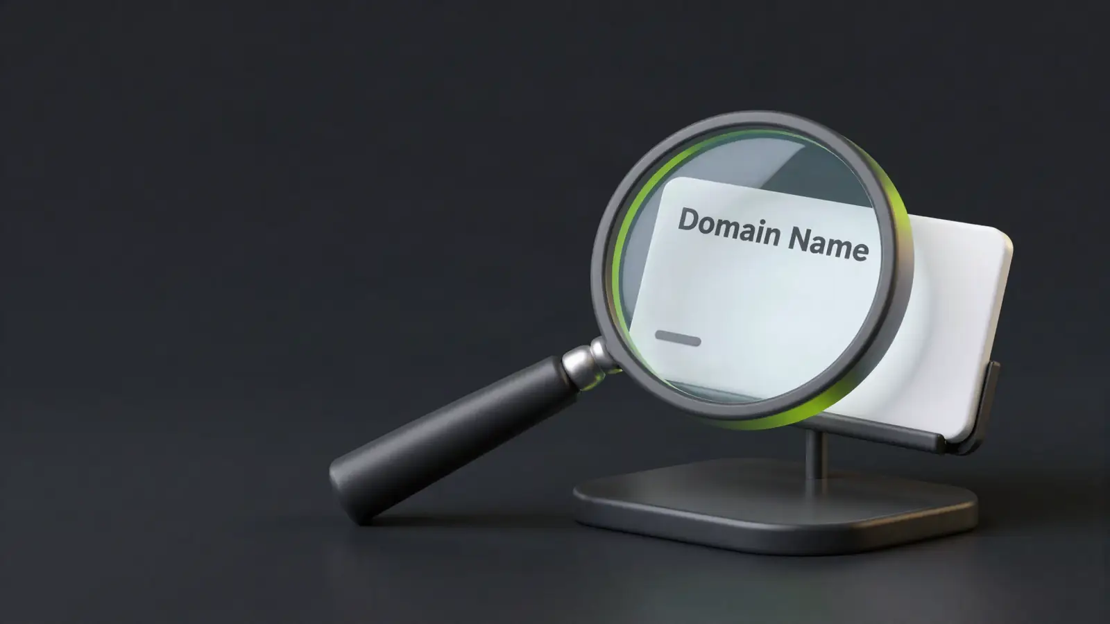 Magnifying glass over a blank card on a scale, representing domain appraisal