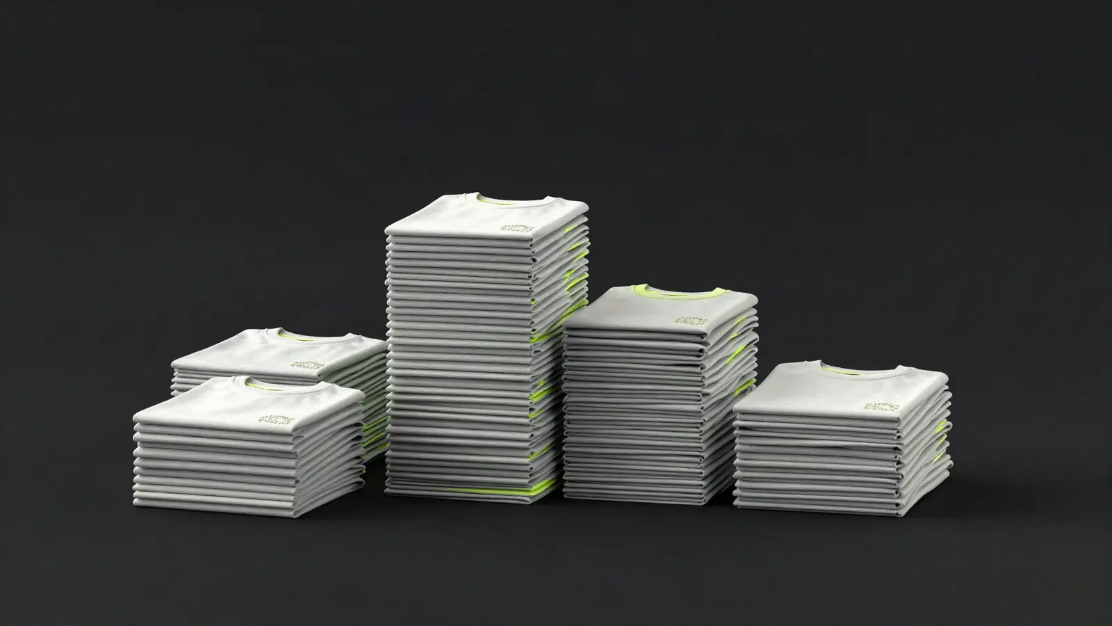 Stacks of embroidered t-shirts of increasing height