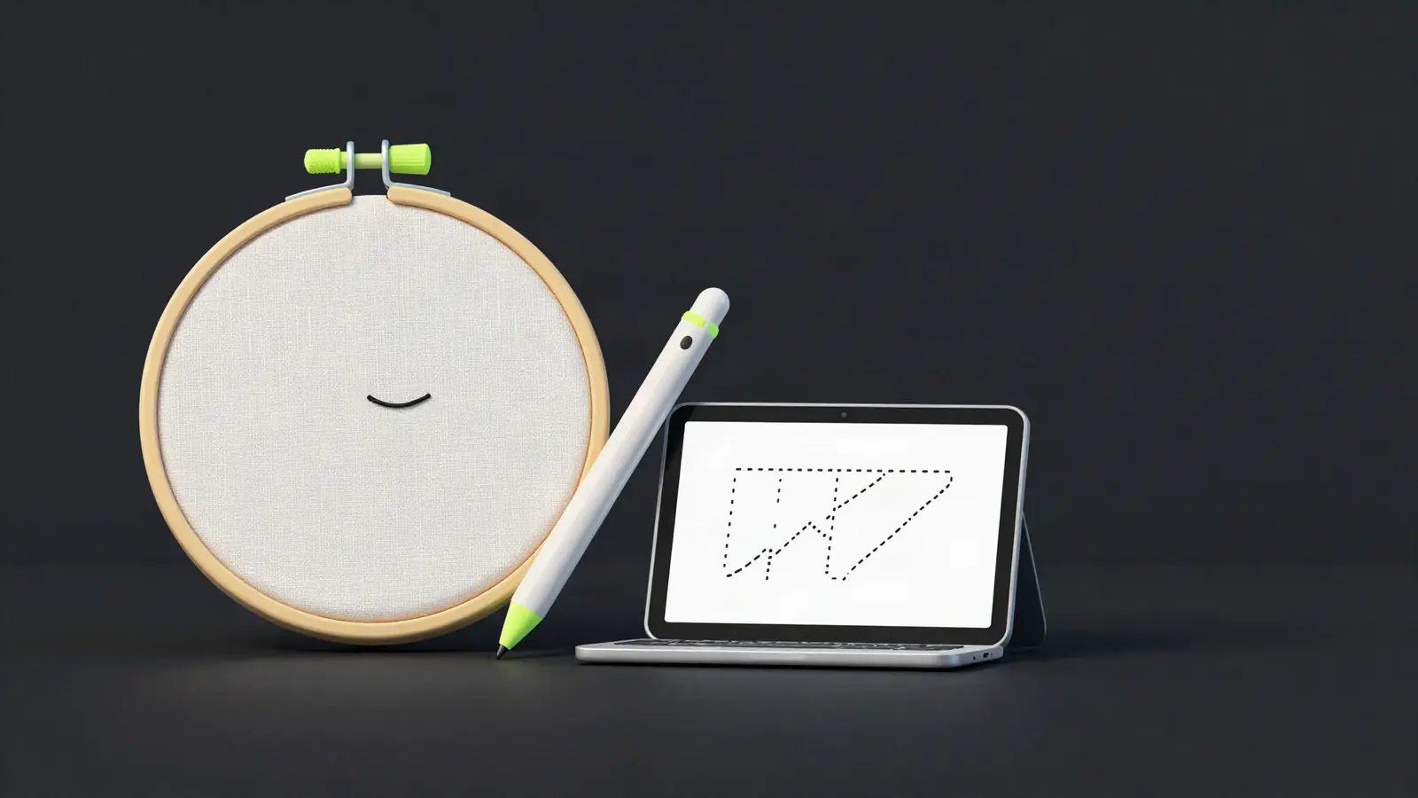 Embroidery hoop with a half-stitched design beside a tablet showing a stitch path