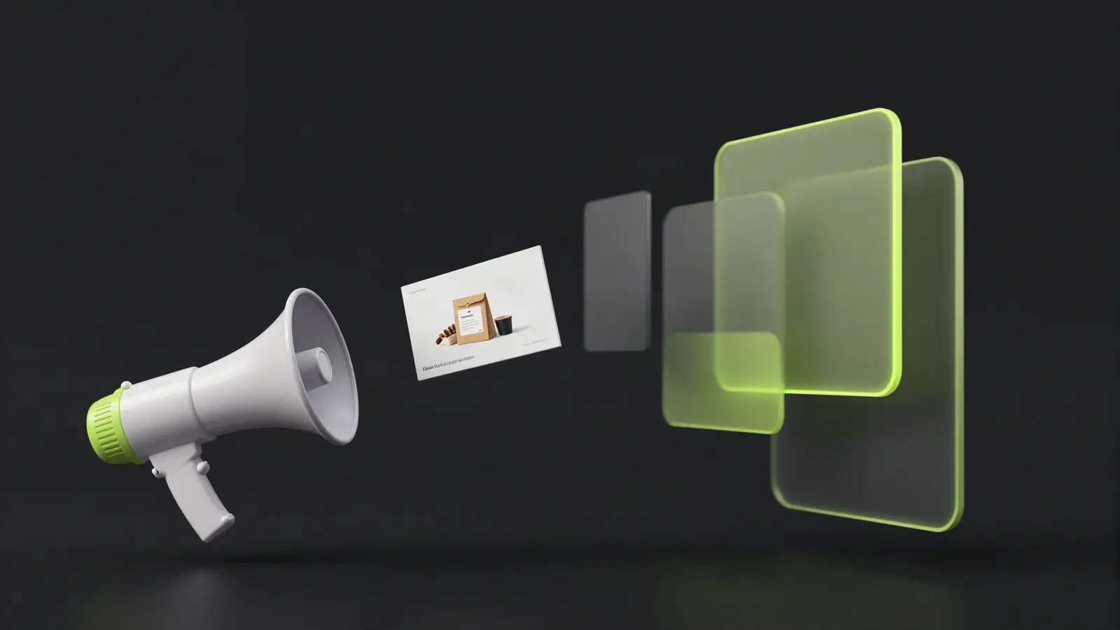 Megaphone projecting a product card toward floating ad panels
