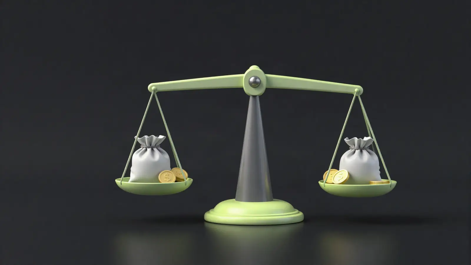 Balance scale weighing two parcels with coins beside each