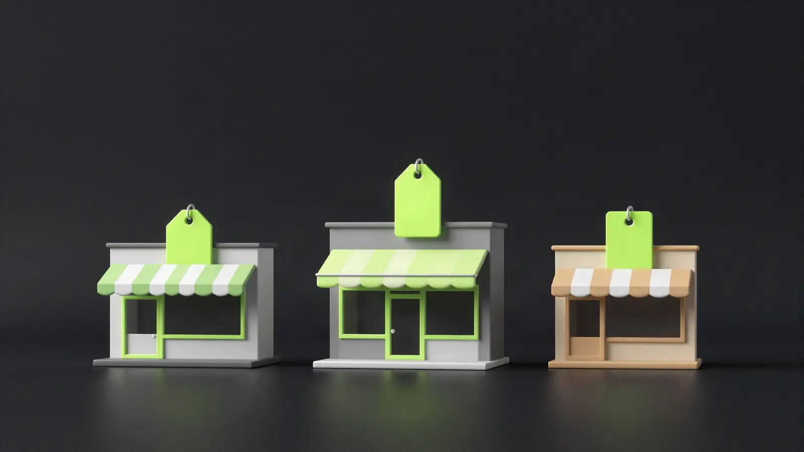 Three small storefronts side by side with price tags