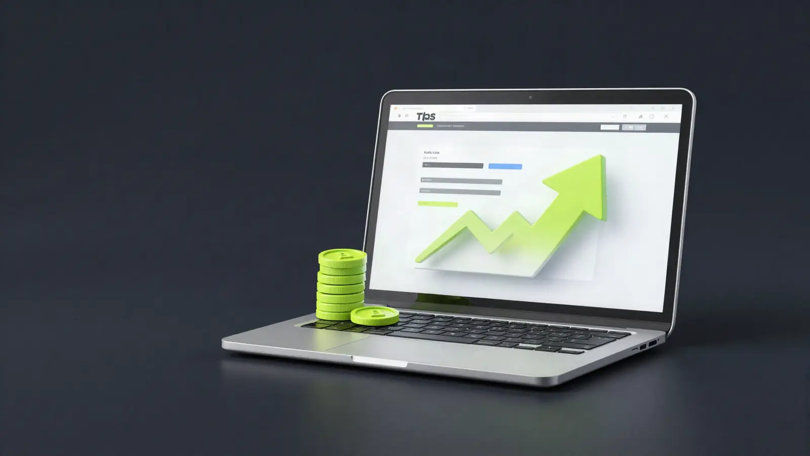 Laptop with a new website layout and a rising arrow with coins
