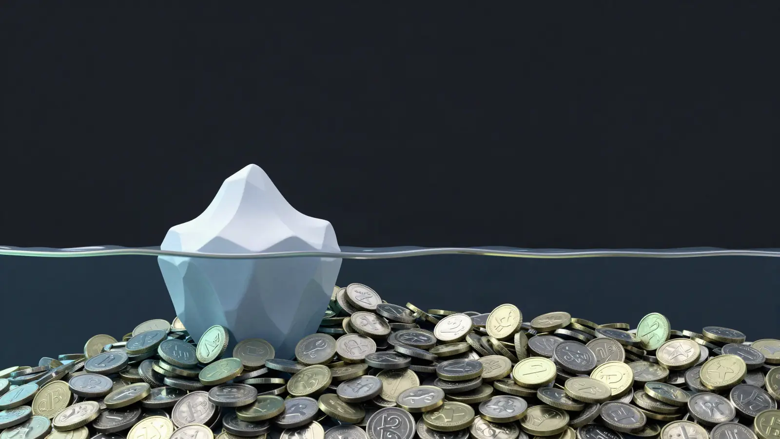 Iceberg made of coins with most of its mass hidden below water
