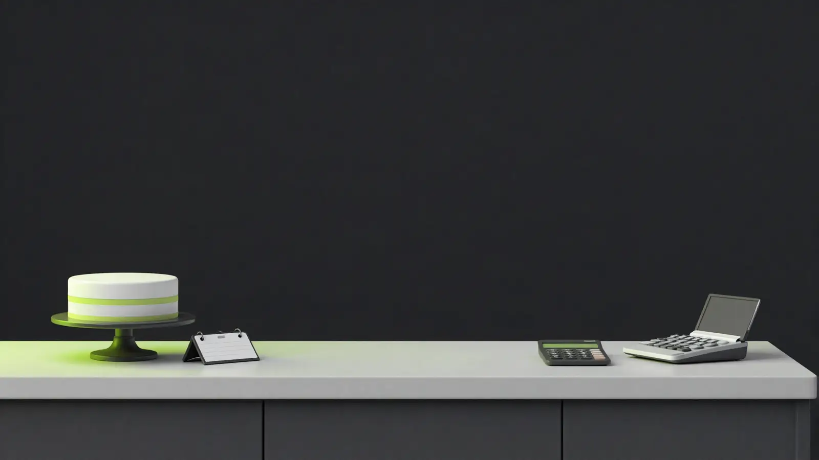 Cake on a stand with a price tag and a calculator on a kitchen counter