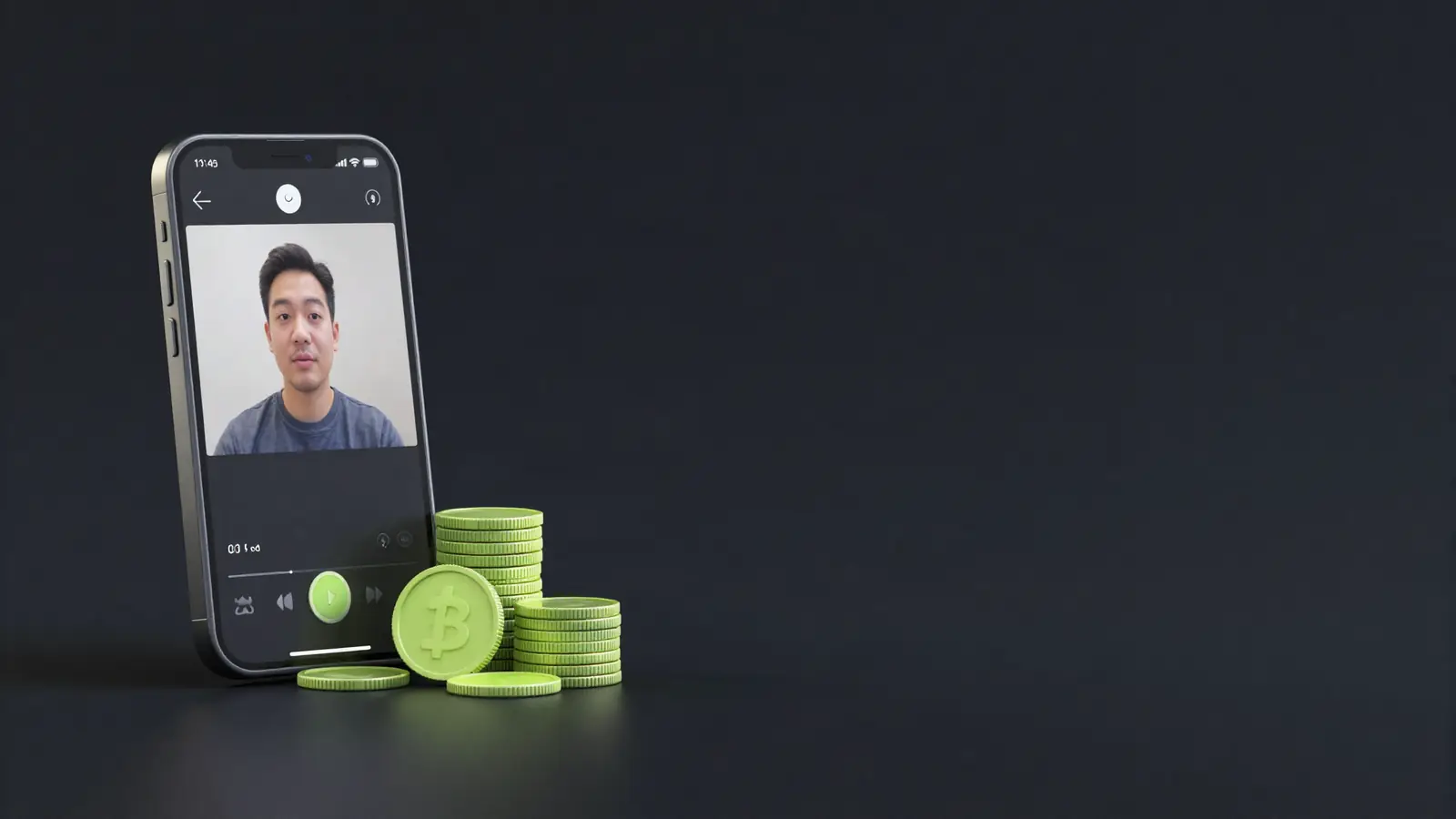 Smartphone playing a vertical video next to stacked coins
