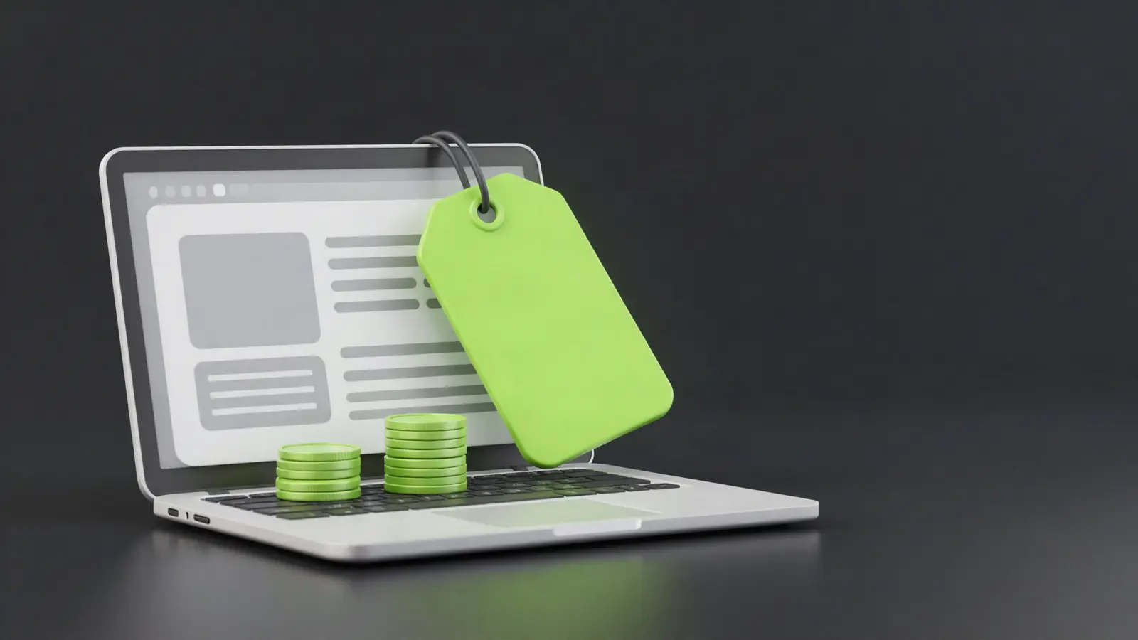 Laptop showing a website layout with stacked coins and a price tag