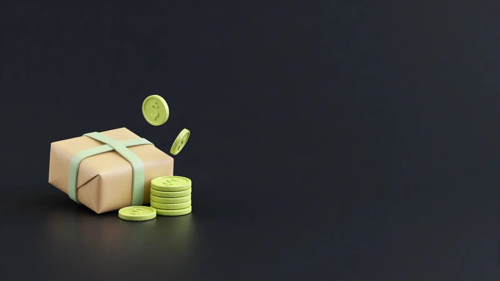 Handmade parcel beside a stack of coins with a few removed