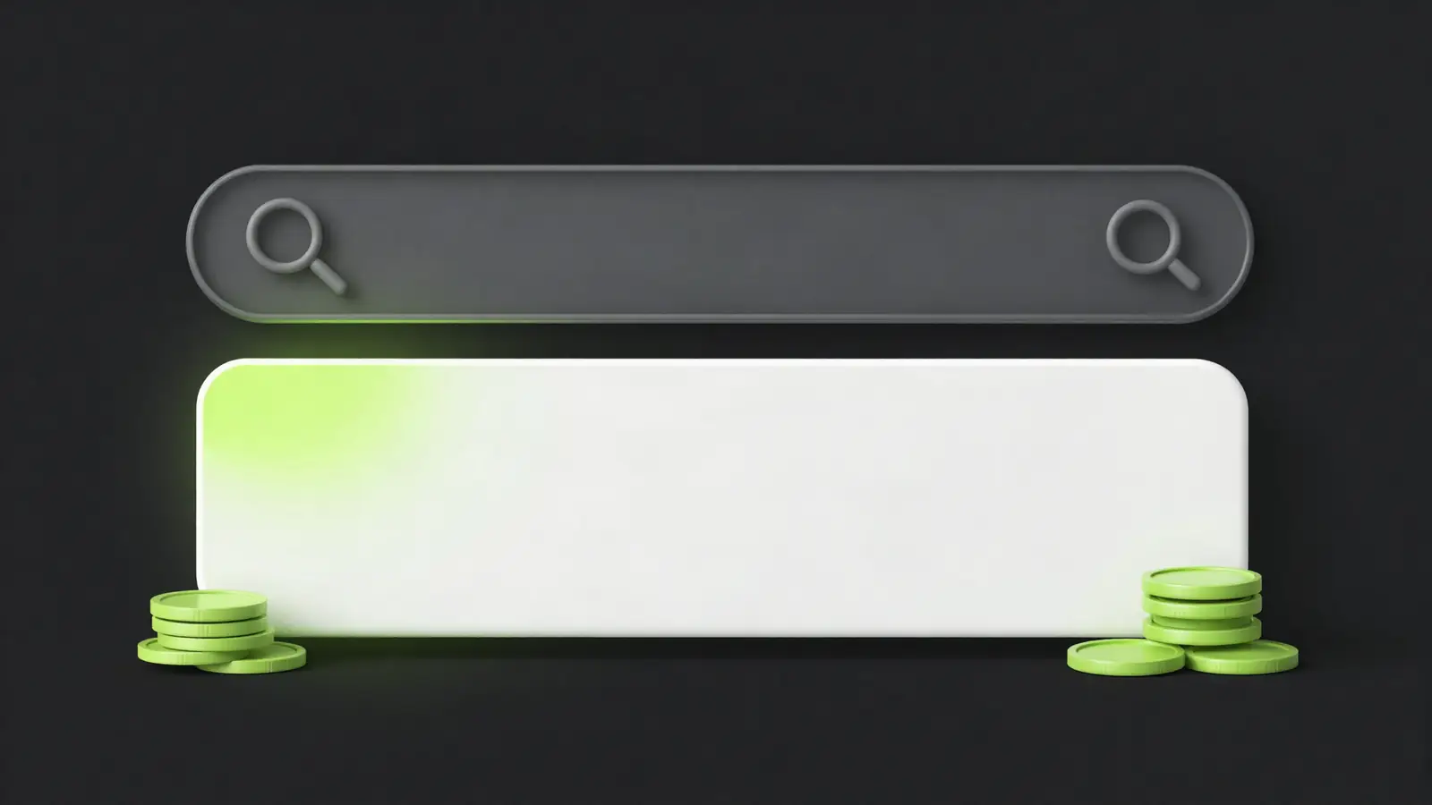 Search bar above a blank highlighted result card with stacked coins