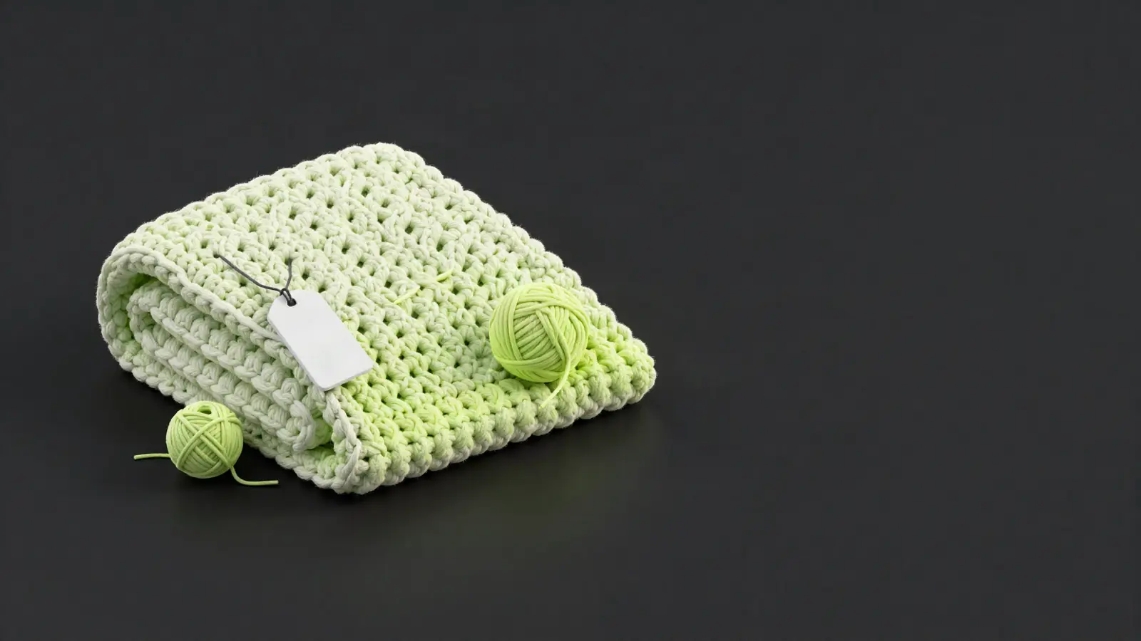 Folded crochet blanket with yarn balls and a price tag
