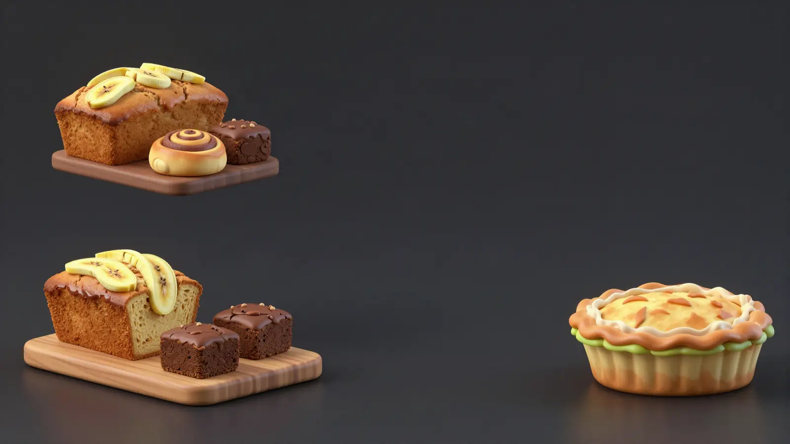 Banana bread, cinnamon rolls, brownies and a pie on wooden boards