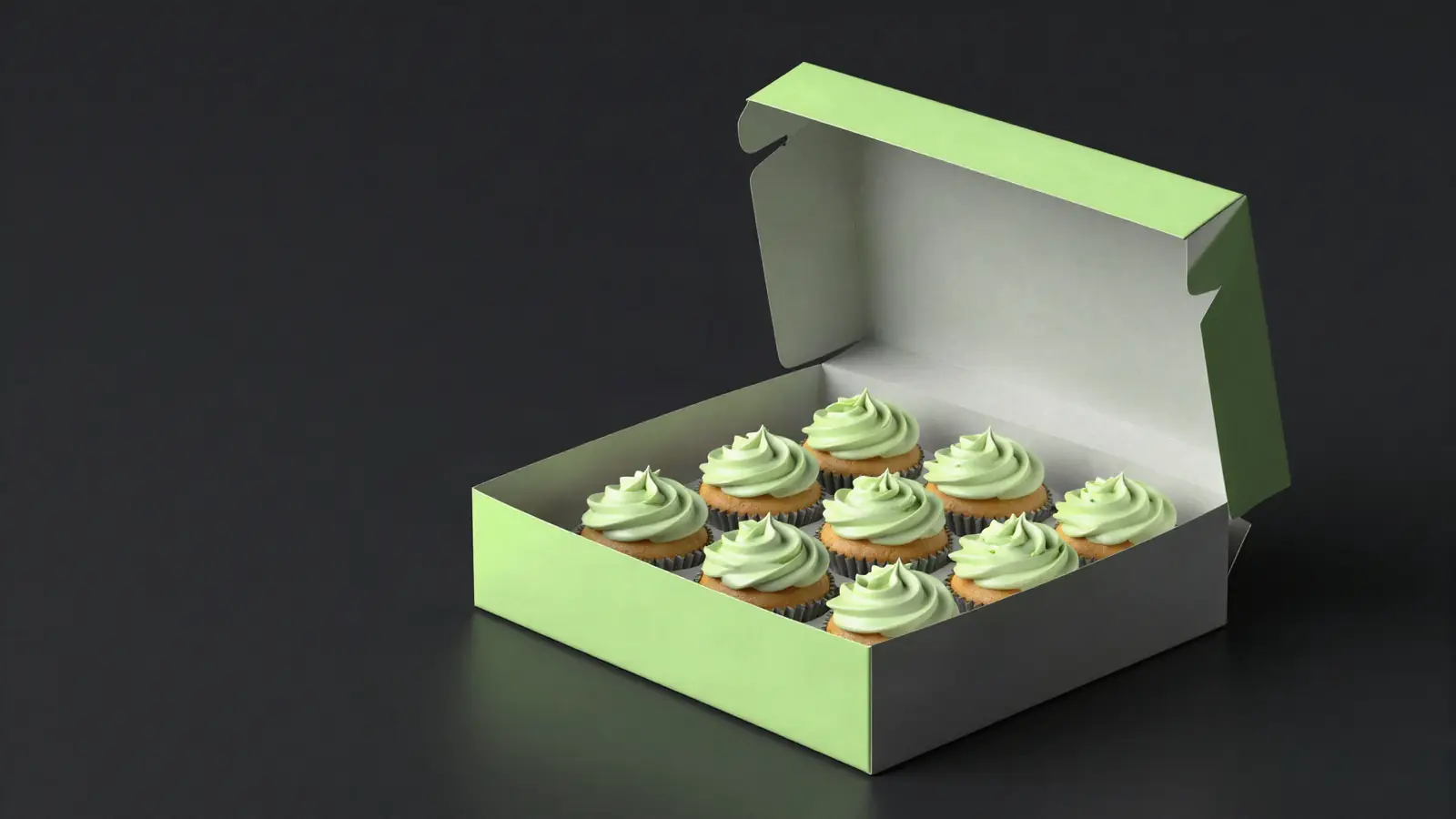 A dozen frosted cupcakes in an open bakery box