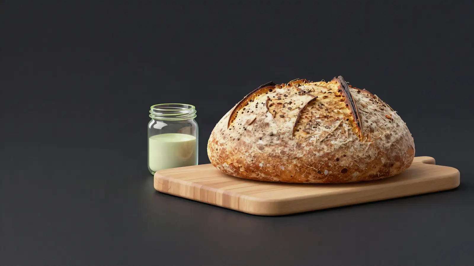 Sourdough loaf on a board with a jar of starter