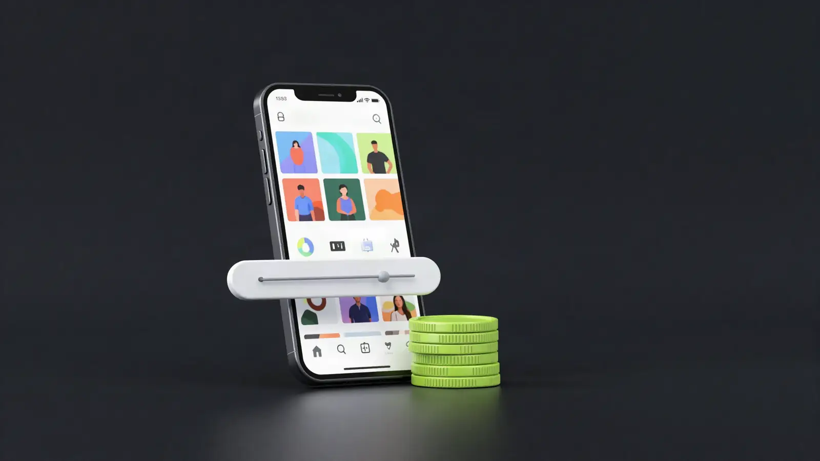 Smartphone showing a social feed beside a budget slider and coins