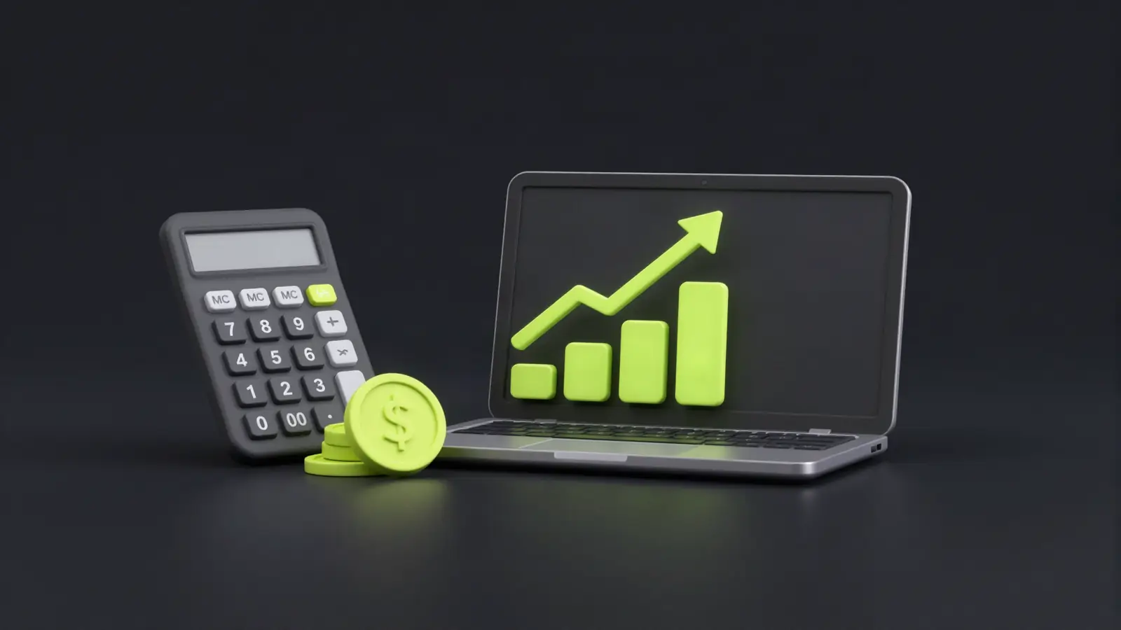 Calculator beside a laptop showing an upward trend line