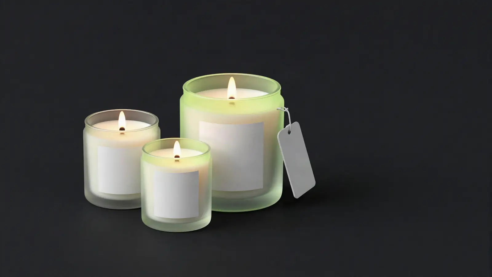 Three lit jar candles of different sizes with price tags