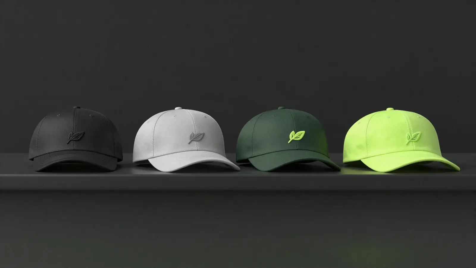 Row of caps with small embroidered leaf patches on a shelf