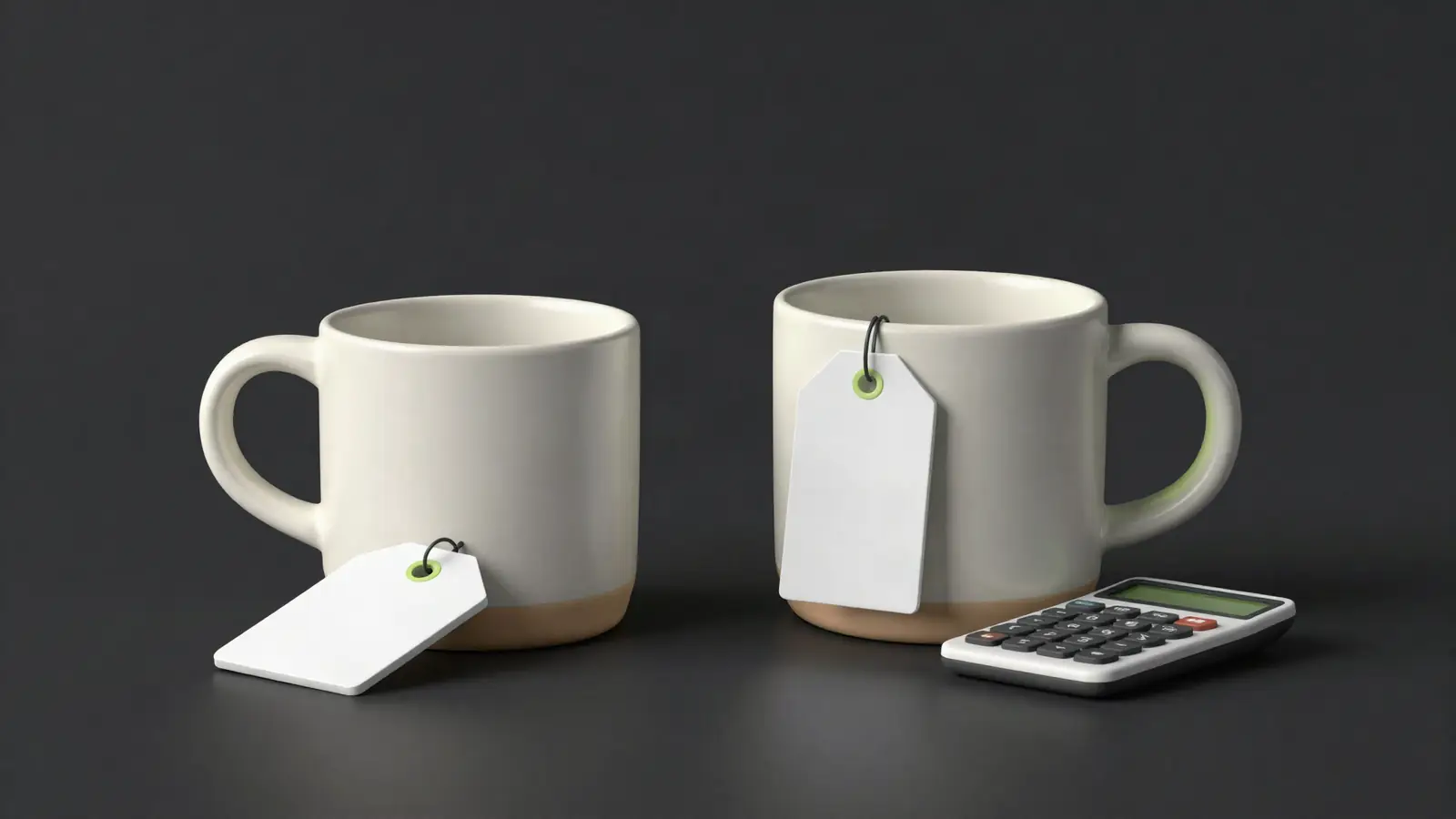 Handmade mug with a price tag and a calculator