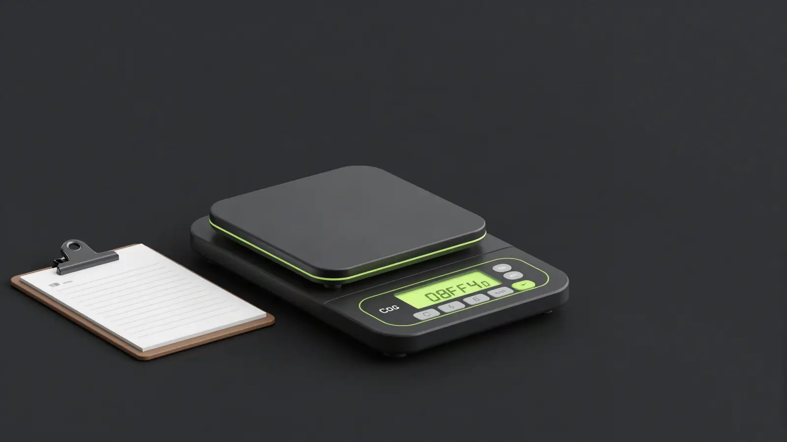 3D printed part on a digital scale beside a clipboard