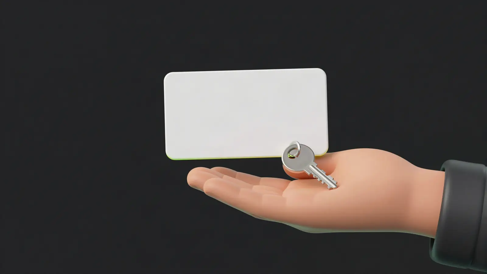 A blank name card and a key being handed over