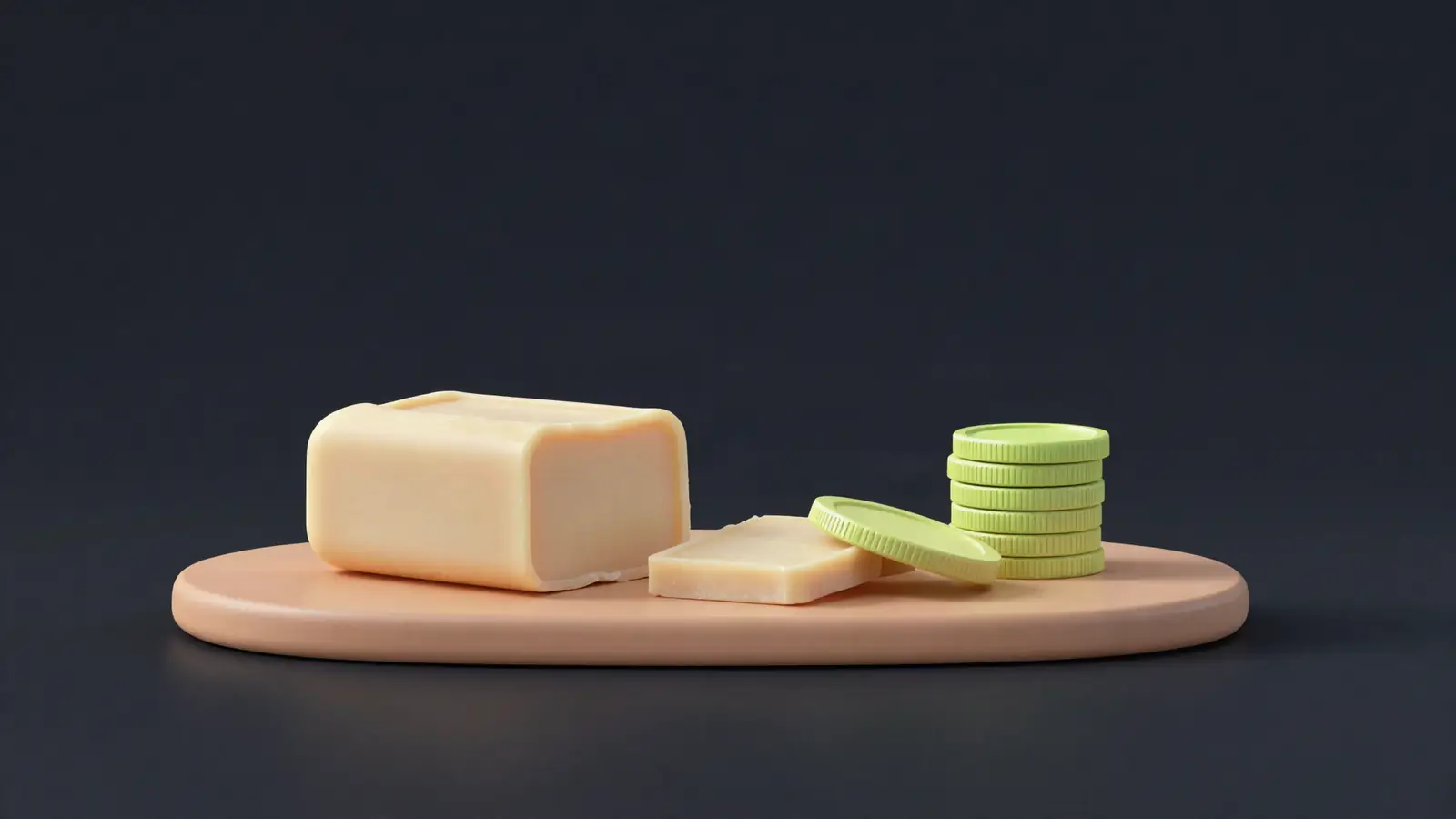 Soap loaf cut into bars beside a rising stack of coins