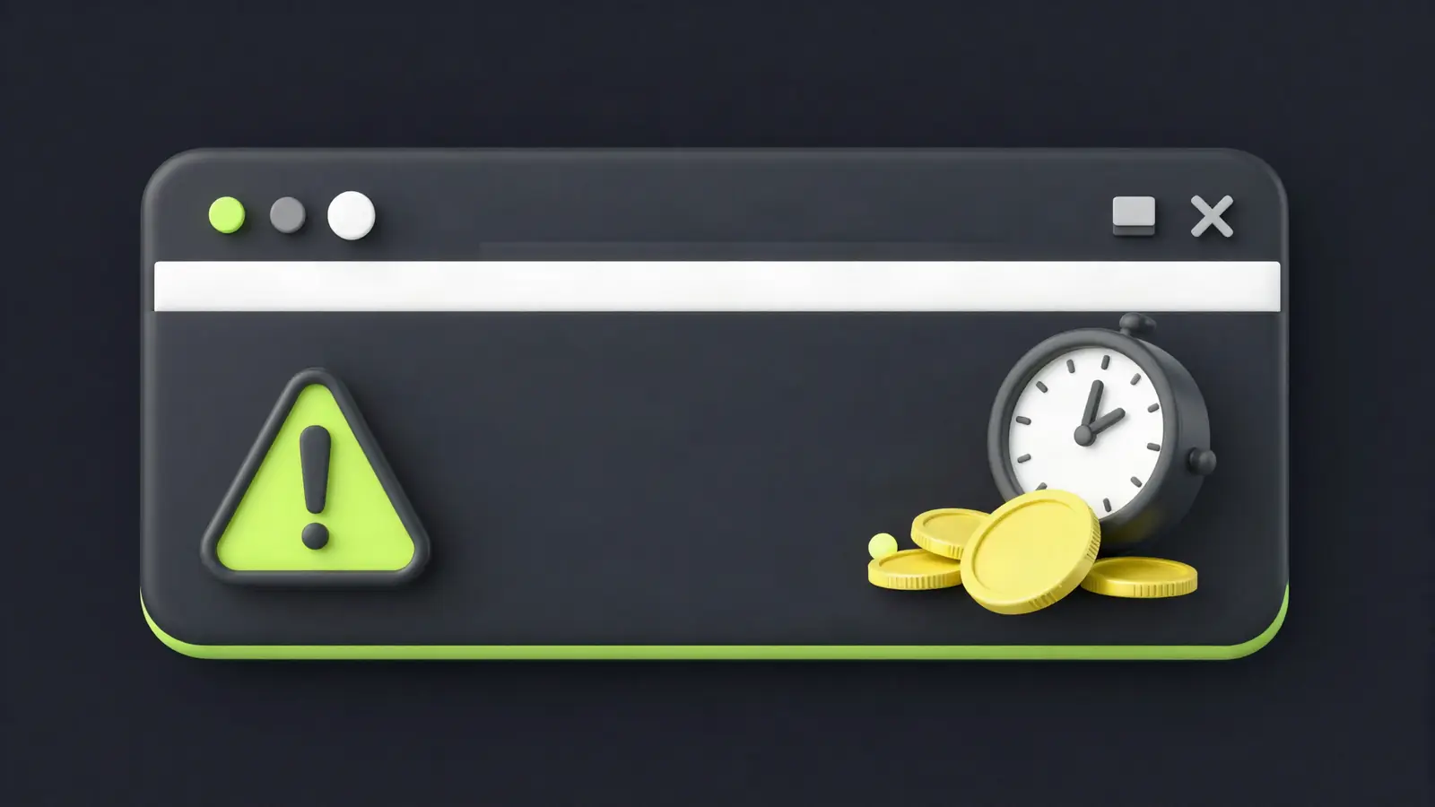 Browser with a warning symbol and a clock turning into coins