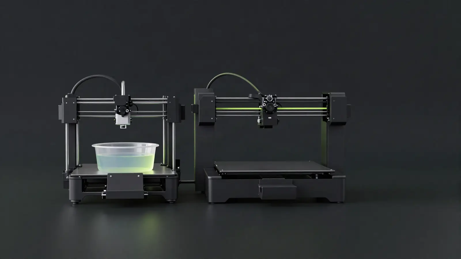 Resin 3D printer next to a filament 3D printer