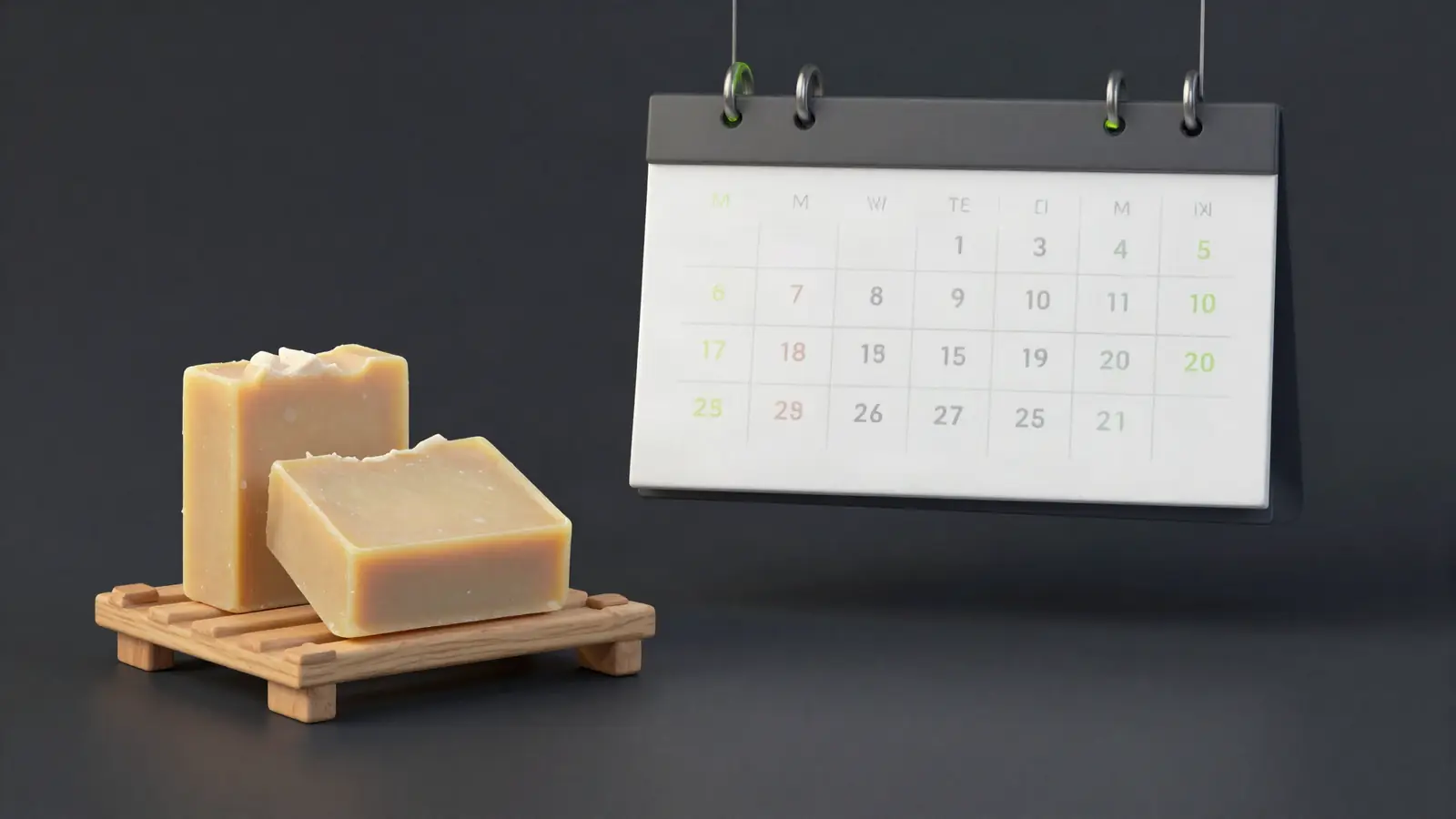 Soap bars curing on a rack next to a calendar