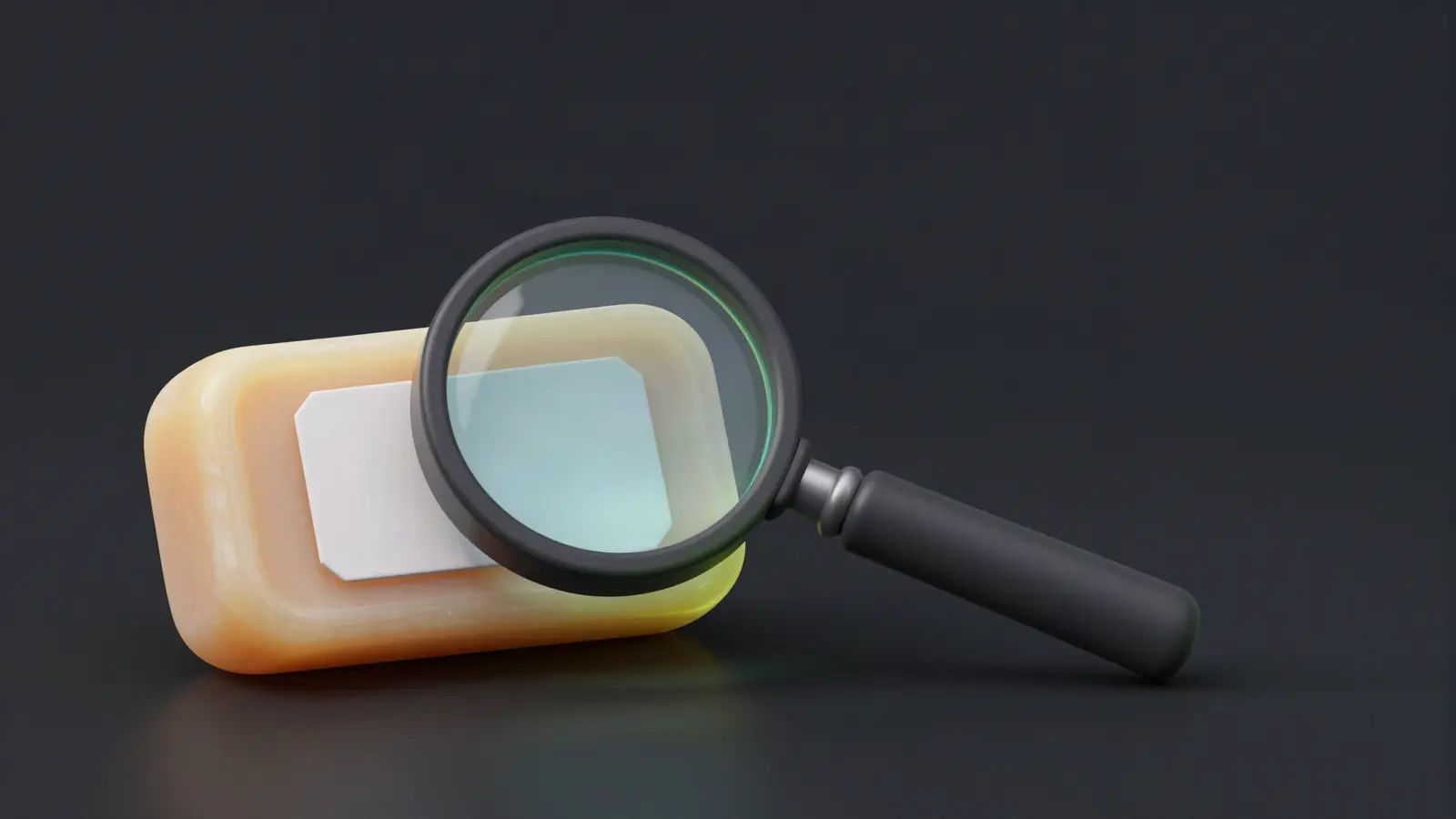 Soap bar with a blank label under a magnifying glass