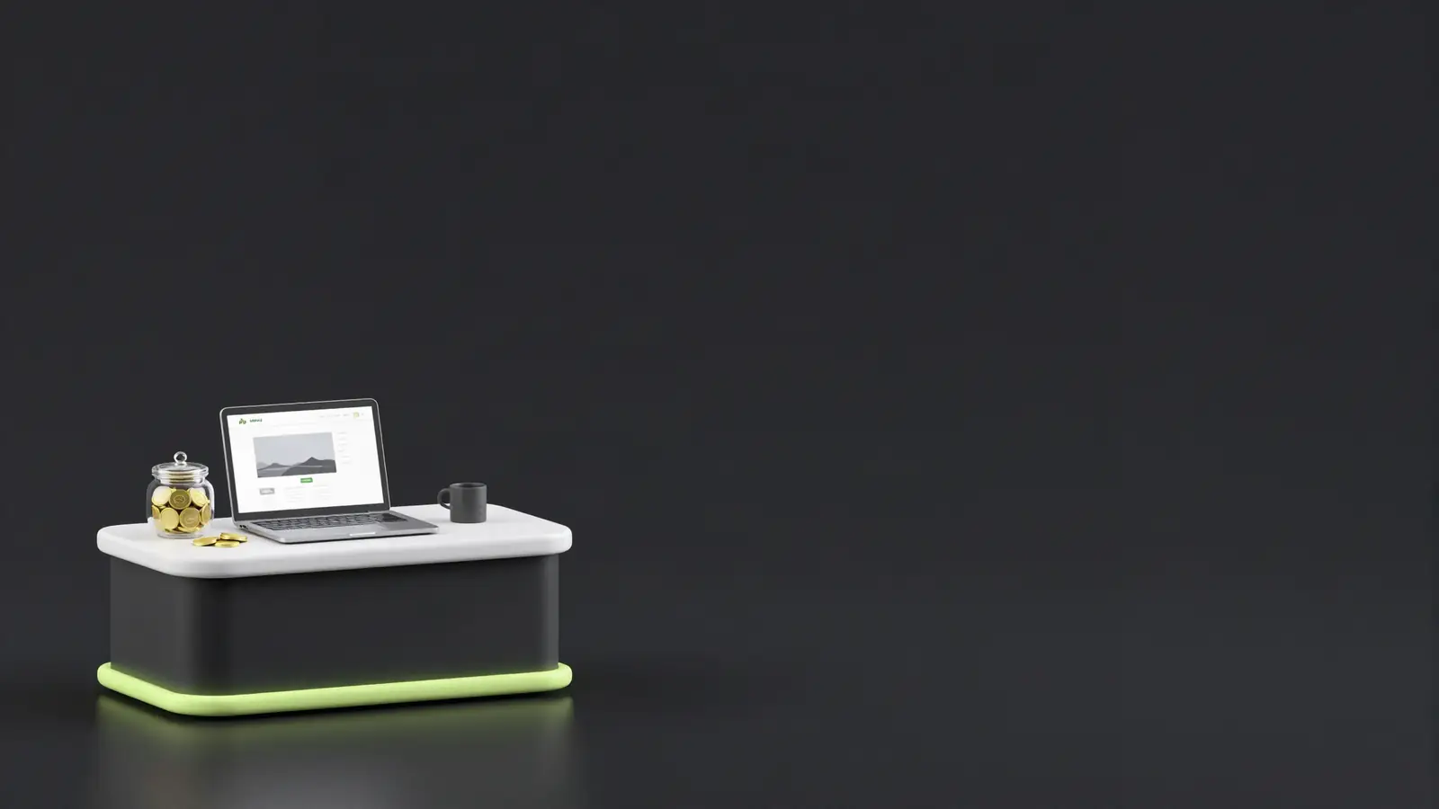 Shop counter with a laptop website and a coin jar