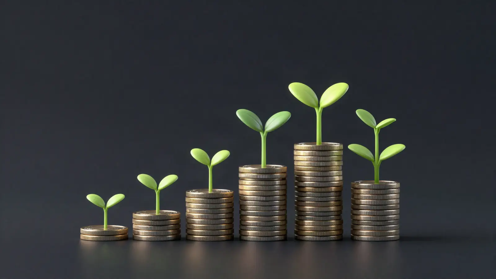 Seedlings growing from coin stacks of increasing height