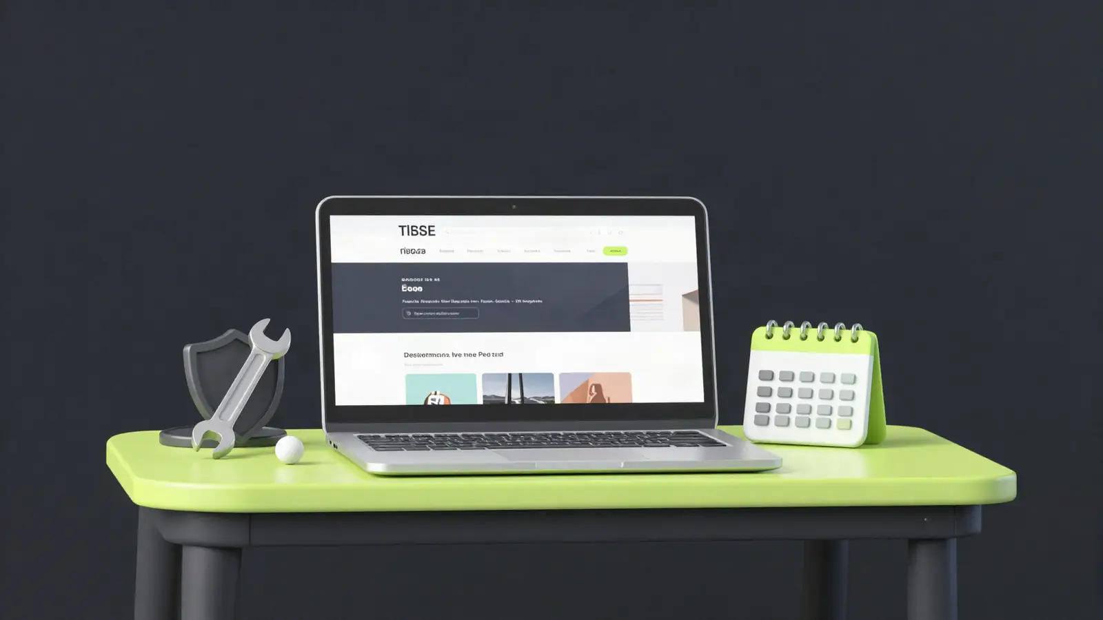 Laptop website on a workbench with a wrench, shield and calendar