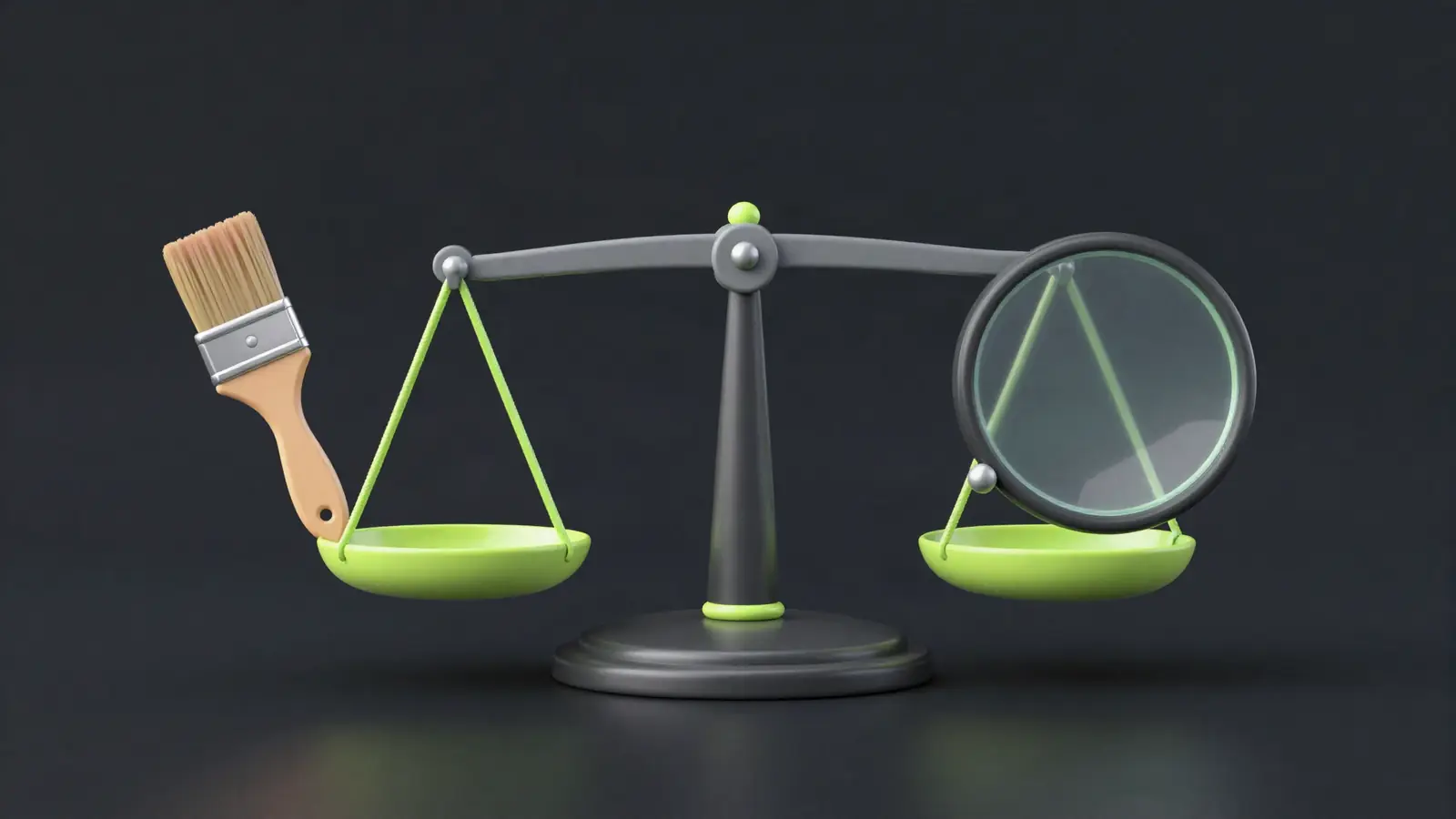 Paintbrush and magnifying glass on a balance scale
