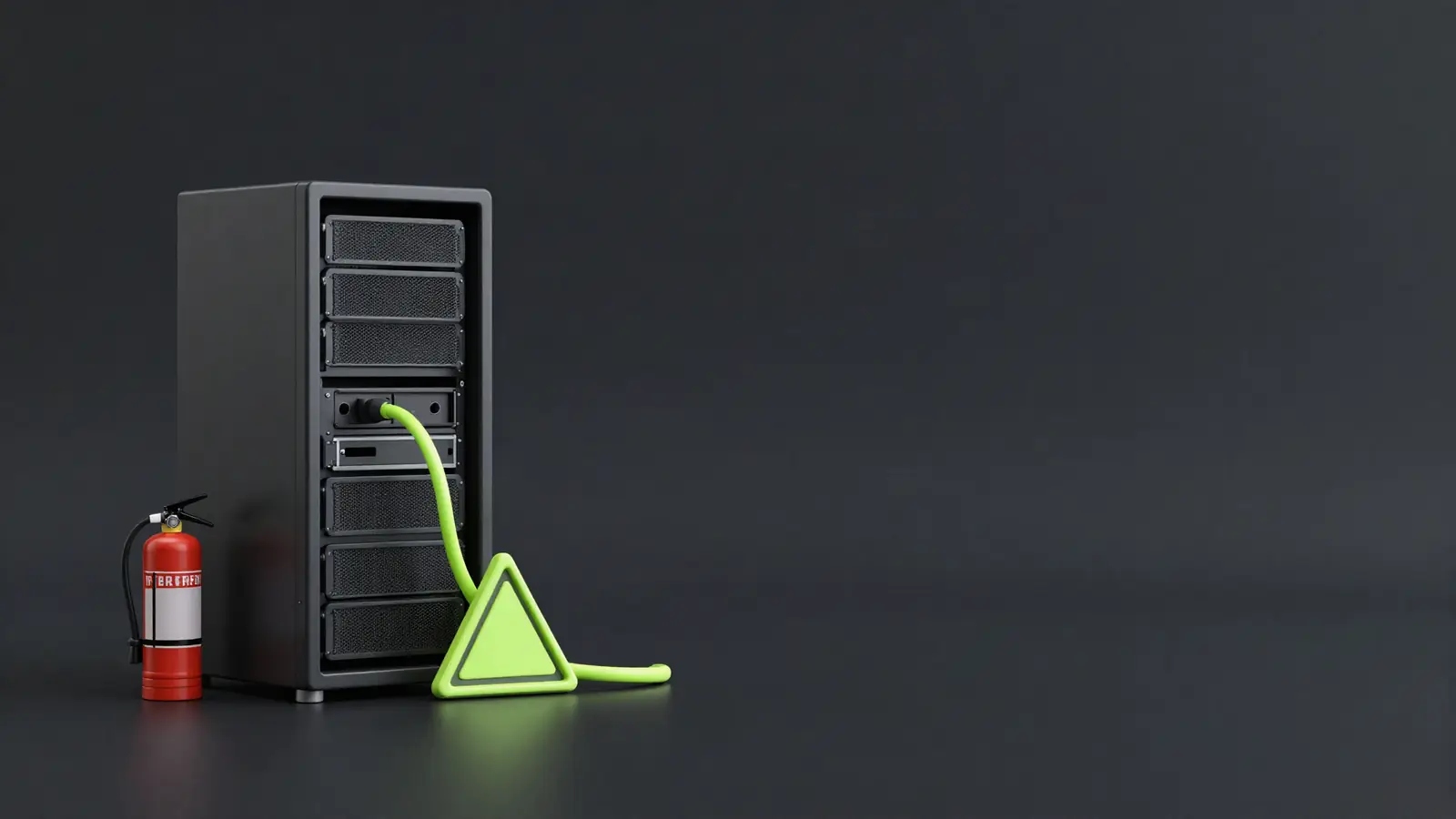 Server rack with a pulled cable and a warning triangle
