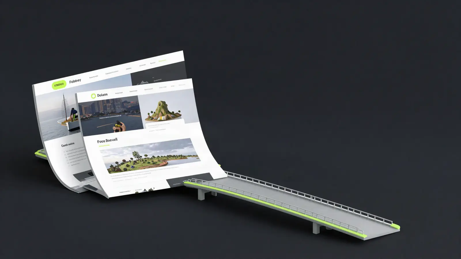 Website pages carried across a bridge between two islands