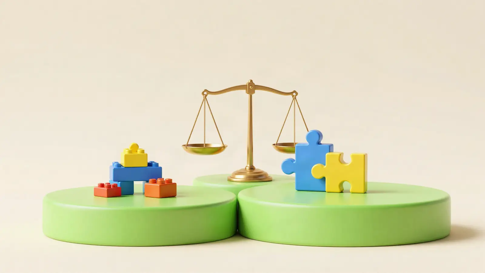 Balance scale between building blocks and puzzle pieces, comparing two ways to build a site
