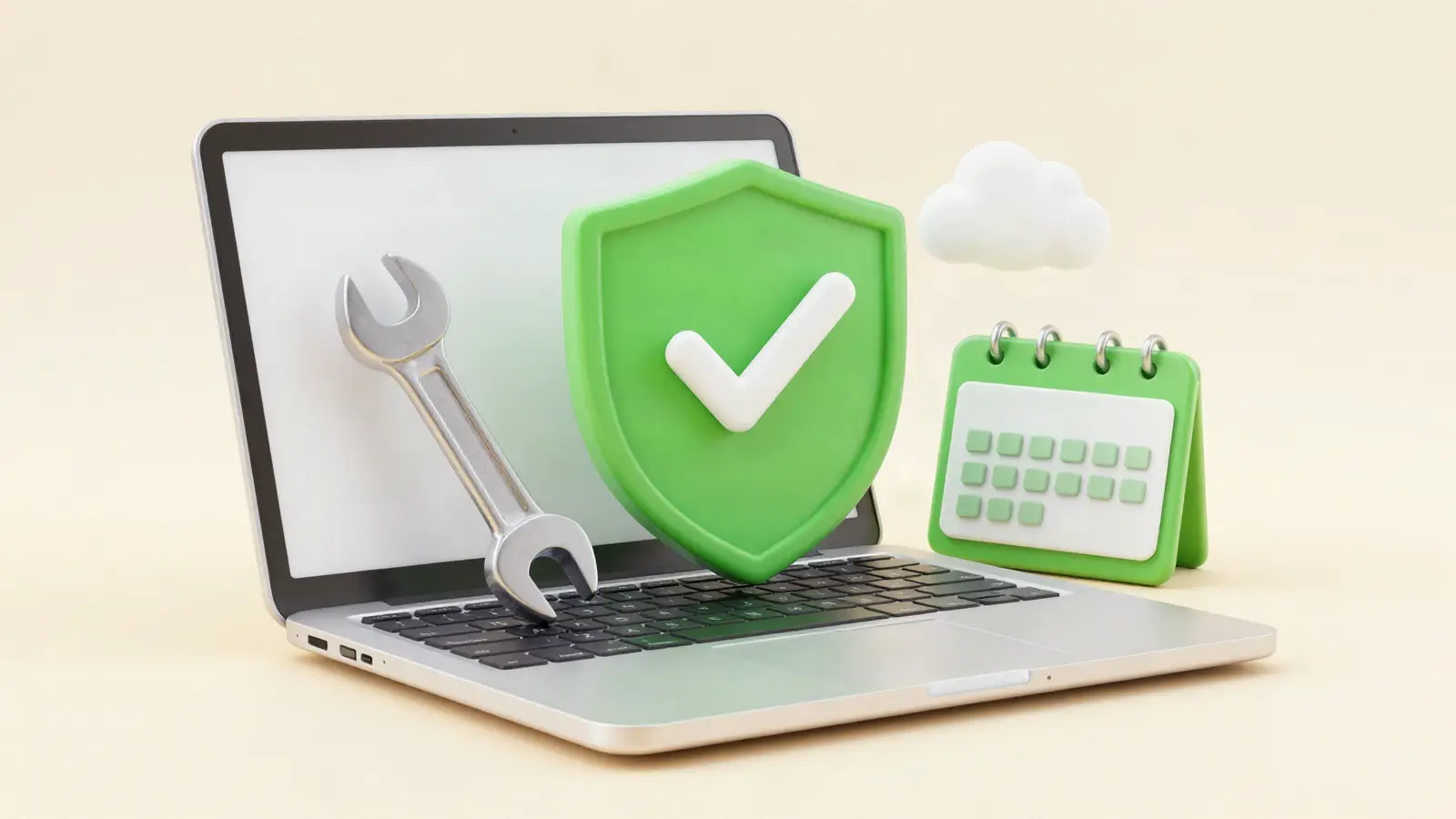 Laptop with a wrench, a security shield with a check mark and a maintenance calendar